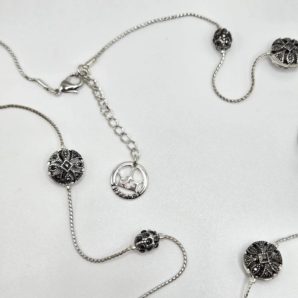 Vintage Trifari Necklace Silvertone Medallion Charm Long Chain Classic Retro 30